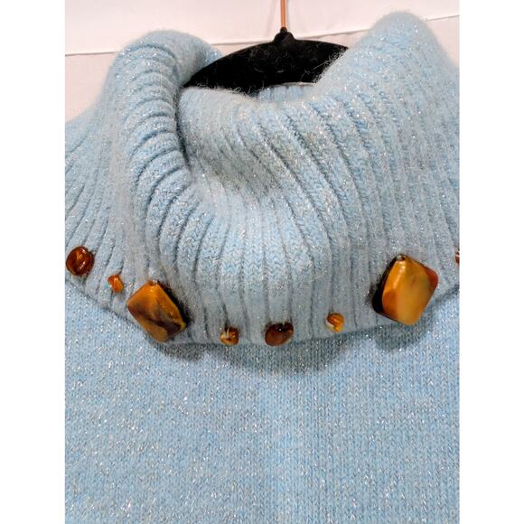 R. leezio Angora Blend Turtleneck Sweater Blue Metallic Knit Gem Detail Size S - Picture 2 of 10